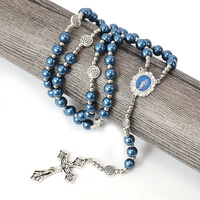 Rosaire Artisanal Bleu de la Vierge Marie, Perles de Verre Nacres 10mm, Chapelet Miraculeux à Cinq Dizaines