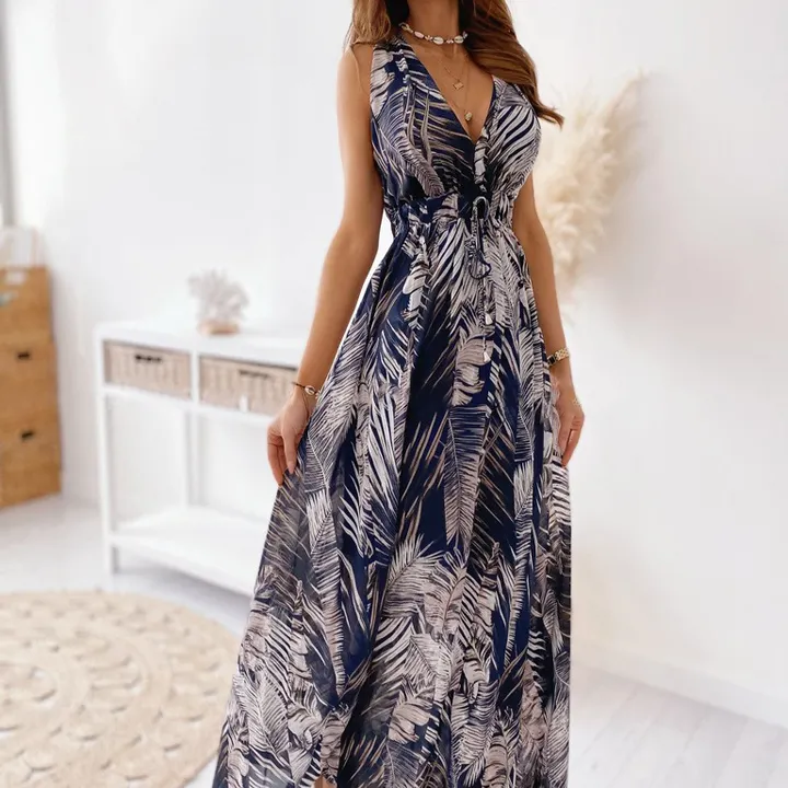 Womens Clothing Design Ladies Beach Dresses Women Long Sleeveless V-Neck Floral Print Casual Dress