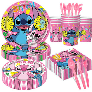 Vaisselle, nappe, bannière <span class=keywords><strong>et</strong></span> ballons à thème <span class=keywords><strong>Stitch</strong></span> rose pour la décoration de fête d'anniversaire - Product Image 1