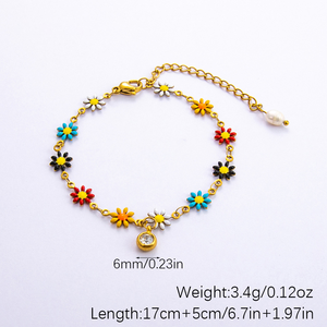 Ins Moda Mujer Trendy 18K Chapado en oro Pulsera de acero inoxidable Jardín Multicolor Esmalte Margarita Flor Cadena - Product Image 5