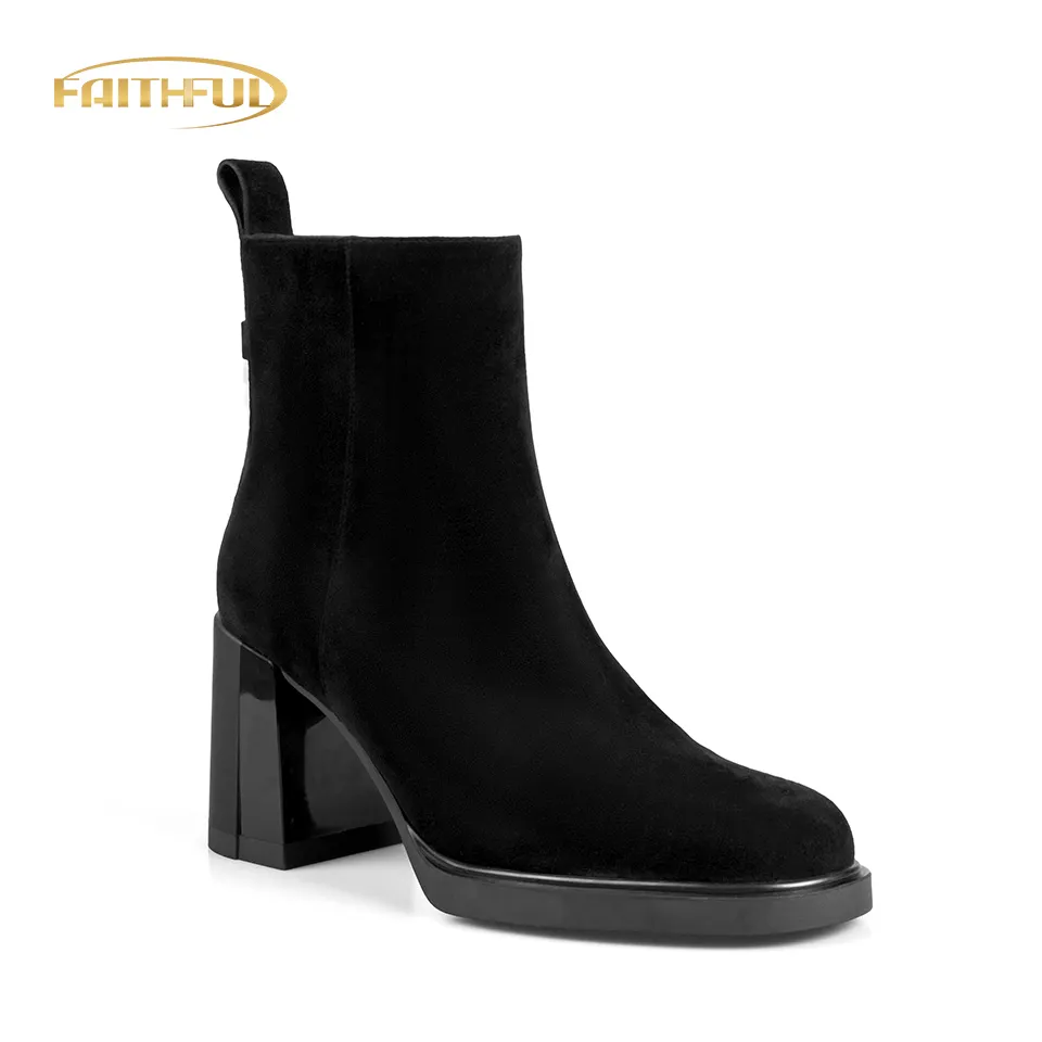 Hot Sale Suka Fashion Comfortable Lock Design High Chunky Heels Boots For Women Zipper Suede Boots Botas Zapatos De Mujer 2023