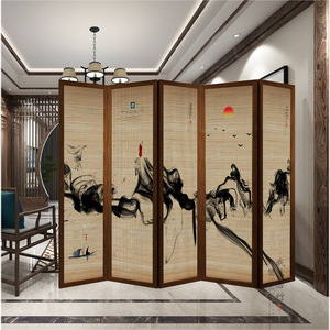 Bamboo Silk Printed Folding Screen Khaki Color Foldable Chinese Style Room Divider For Living Room Export - Product Image 5