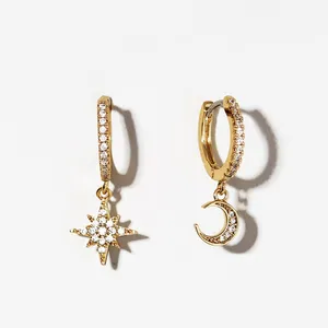Ear Cuffs Hoop 18K Gold Moon and Star 925 Sterling Silver Huggie Earrings