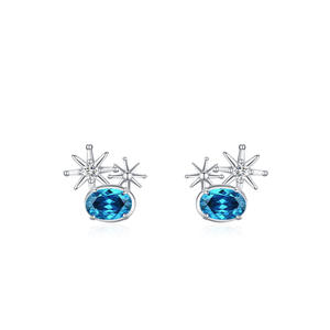 Boucles d'oreilles personnalisables en argent sterling S925 avec zircon bleu profond ovale, motif soleil et étoile - Exclusives pour femmes - Product Image 1