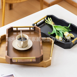 Plateau de service en bambou ondulé avec poignée en métal pour le thé, le café, l'hôtellerie - Product Image 4