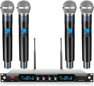 Sistema de micrófono inalámbrico de mano profesional UHF de 4 canales para banda de escenario y adoración de la Iglesia