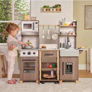 Grande cuisine de jeu en bois pour enfants avec four à micro-ondes et évier, station de cuisson d'imitation avec rangement pour les tout-petits - Product Image 4