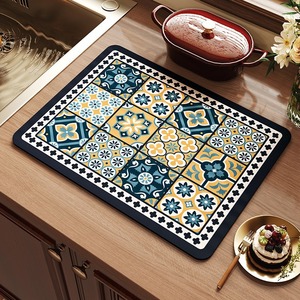 Tapete de mesa absorbente y de secado rápido de tierra de diatomeas con diseño floral retro americano, tapete de drenaje para cocina doméstica, vajilla y utensilios. - Product Image 3