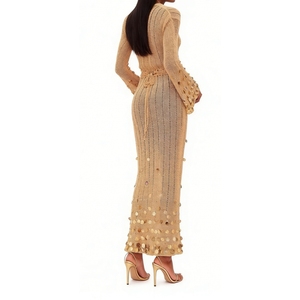 เดรสยาวผ้าถักซีทรูประดับเลื่อมสำหรับผู้หญิง คอวีลึก แขนยาว ชุดเดรสออกงาน แฟชั่น - Product Image 4