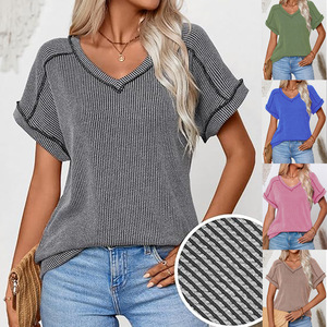 เสื้อคอวีแขนสั้นผ้ายืดทูโทนแฟชั่นสำหรับผู้หญิง ฤดูใบไม้ผลิ/ฤดูร้อน ปี 2026 - Product Image 3