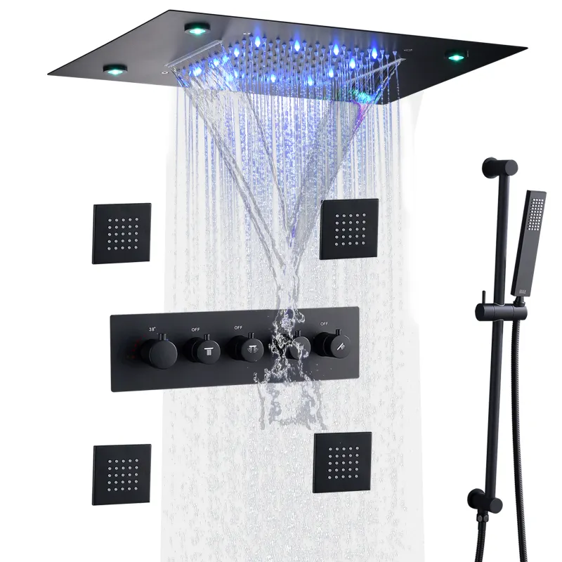Conjunto de torneira fosca, torneira de banho e chuveiro de led termoestática 14x20 polegadas sistema de cabeça e chuva