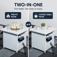 Table de foyer extérieur carrée blanche avec pare-vent en verre trempé, table de cheminée au propane avec porte-gobelets intégré pour patio