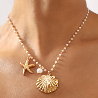 Collier Pendentif Étoile de Mer et Coquillage en Alliage Doré avec Perles, Collection Été 2026, Bijoux de Mode pour Femme, Vente en Gros