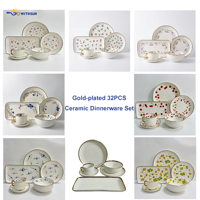 Service de Table en Porcelaine Dorée de Luxe Moderne 32 Pièces, Motif Floral Asiatique, Assiettes, Plats, Bols, Ustensiles, Compatible Four – Vente en Gros