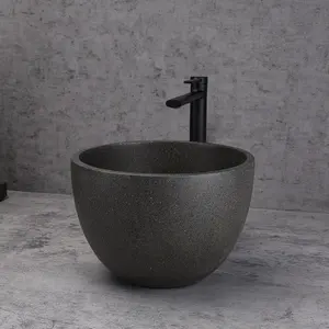 Pia de banheiro de tigela única para banheiro, pia de concreto para lavatórios, recipiente de mão, pia preta