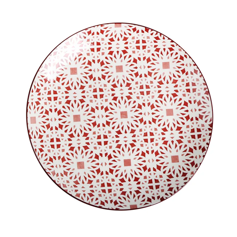 Toptan ucuz tam çıkartma porselen tabaklar özelleştirilmiş tasarım düşük sırlı tampon baskı el sanatları yemek tabağı seramik tabak