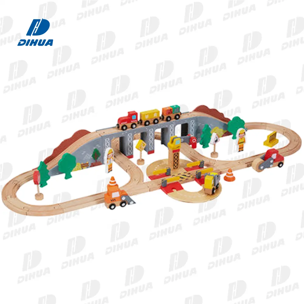 Wooden Construction Train Set Assembly Rail Track Toy Wooden Slot Toy with Magnetic Crane Construction Theme Play Set