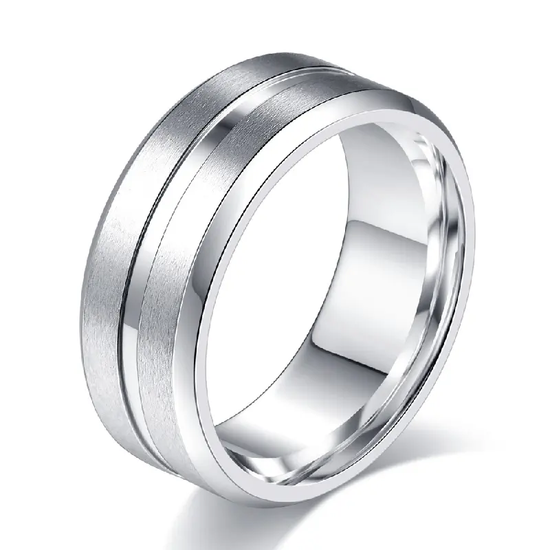 แหวนทังสเตนคาร์ไบด์สีเงินสีดำแหวนเปล่าเคลือบแหวนแต่งงานแหวนหมั้น Beveled ขอบแหวนเหล็กทังสเตนสำหรับผู้ชาย