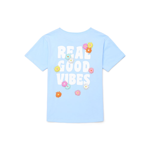 Light Blue Casual Toddler Girls Knitted Short Sleeve Crew Neck Cotton T-Shirt Floral Letter Print Breathable Quick Dry Custom - Product Image 2