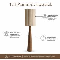 Lampe sur pied en résine avec base conique effet bois, abat-jour plissé en tissu accordéon, style nordique pour salon, chambre, coin lecture, E27