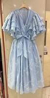 Robe de soirée midi pour femme, vente en gros d'usine, manches évasées, col en V, broderie florale, volants amples, pour l'été et les fêtes, taille 2XL