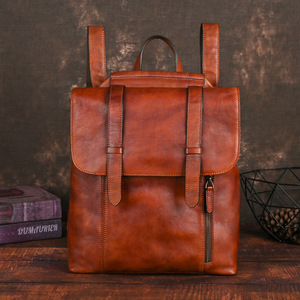 Hand Rubbed Vegetable Tanned Leather <b>Backpack</b> Top Grain Cowhide 20L Unisex Laptop <b>Compartment</b> Vintage Style For Students And - Product Image 1