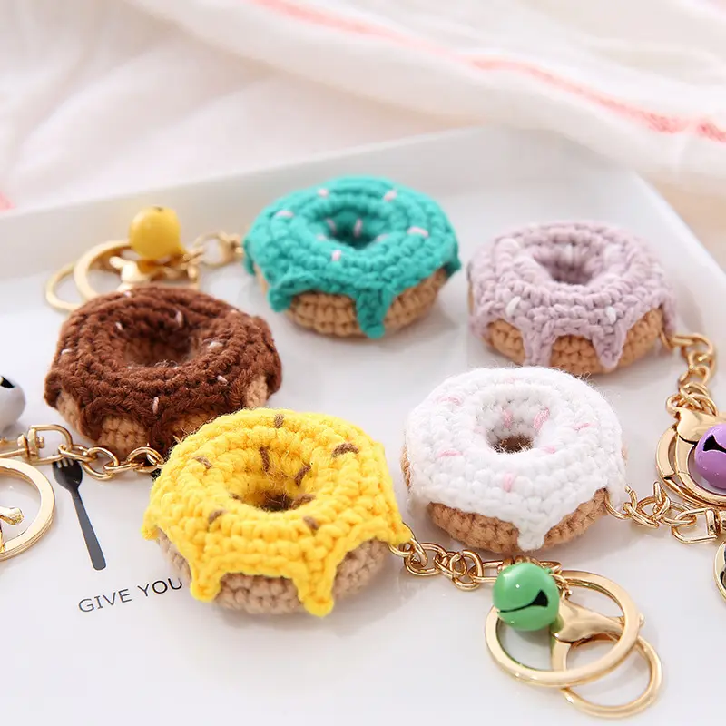 Porte-clés tricoté à la main en forme de fruit, Crochet en peluche, Donut, tendance 100%