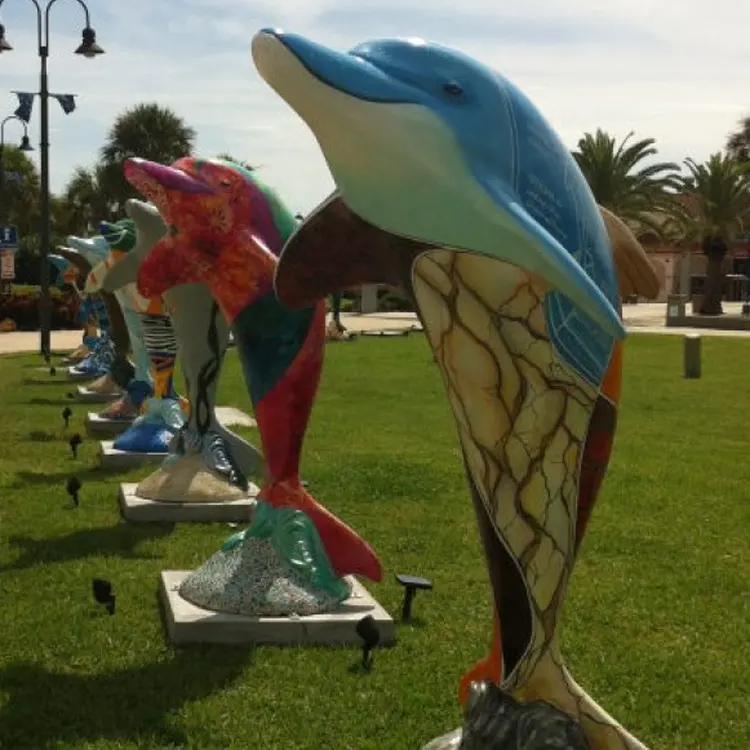 Escultura de delfín de fibra de vidrio, fabricante profesional de decoración, público, en venta