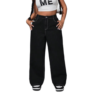 Jeans à taille haute et jambes larges pour femmes grandes tailles, coupe ample décontractée, pantalon en coton pleine longueur avec poches, style automne - Product Image 1