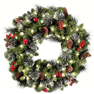 Corona navideña de PVC verde flocado de 40 cm de diámetro con bolas y guirnalda de bayas rojas para decoraciones navideñas - Product Image 3