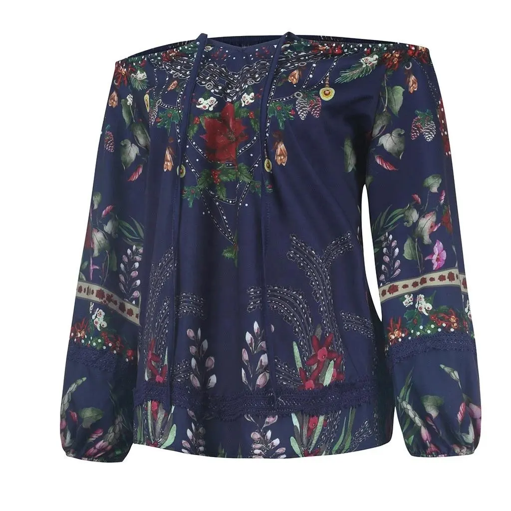 Bloemenprint Blouse Vrouwen Kant Dunne Lange Mouw Off Shoulder Zomer Tops Shirts Vrouwen Blusa Feminina Plus Size Vrouwen Blouses