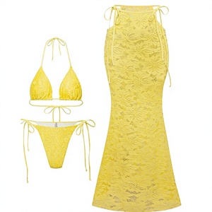 Custom OEM Summer Beachwear Sexy Lace Hollow Out Three <b>Piece</b> Swimsuit Halter <b>Bikini</b> Set with Sarong Skirt for Women - Product Image 4
