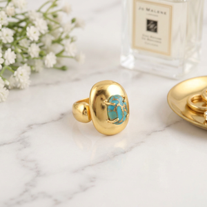 Modern jewelry blue copper turquoise oval stone <b>adjustable</b> <b>ring</b> brass 18k gold plated prong set bold statement cocktail <b>rings</b> - Product Image 3