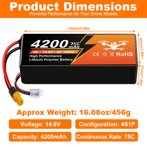 Giá tốt công suất cao trọng lượng nhẹ nhất 4200mAh 14.8V 75C <span class=keywords><strong>RC</strong></span> LiPo pin cho <span class=keywords><strong>RC</strong></span> Heli <span class=keywords><strong>RC</strong></span> Drone Pin FPV LiPo pin - Product Image 2