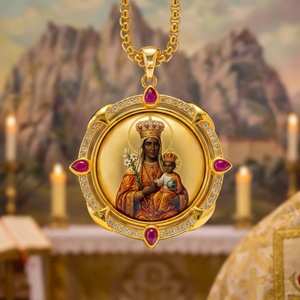 Virgen De Montserrat Patroness Pendant Necklace Plated Brass Hand Painted Ruby Enamel Spanish Shrine Pilgrimage Keepsake - Product Image 1