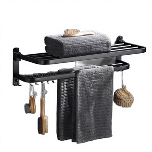 Étagère de rangement murale pliable moderne en acier inoxydable 304/202 pour salle de bain, noir mat, avec porte-serviettes et barre à serviettes - Product Image 3