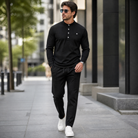 Ensemble de sport léger pour homme : pull en sergé tricoté et pantalon à cordon de serrage, 2 pièces, tenue Henley pour le quotidien et les activités sportives en extérieur