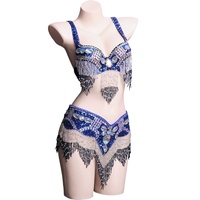 Costume de danse orientale sexy avec soutien-gorge orné de strass et ceinture, ensemble de spectacle de carnaval, jupe à franges pour femmes