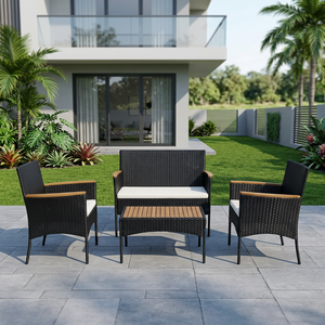 Ensemble de salon de jardin en rotin moderne et durable, 4 pièces, avec coussins en bois d'acacia, structure en acier, meubles d'extérieur imperméables - Product Image 1