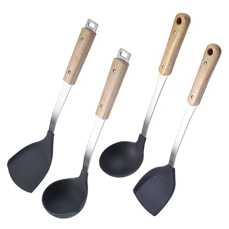 Wholesale amazon hot selling household wooden handle spoon spatula nonstick cookware silicone kitchenware