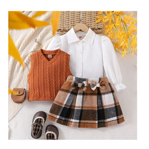 เสื้อผ้าเด็กอายุ 2-7 ปี เสื้อกั๊กถักนิตติ้งหรูหรา เสื้อเชิ้ตปกคอปก กระโปรงลายสก็อตจีบระบาย ชุดเสื้อผ้าเด็กผู้หญิง ฤดูใบไม้ร่วง ฤดูหนาว - Product Image 1