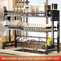 Égouttoir de cuisine double en métal non pliable pour évier, support de rangement pour comptoir, panier d'égouttage pour vaisselle, porte-bols et porte-baguettes