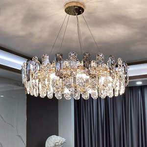 Lustre rond moderne de luxe en cristal K9 avec suspension circulaire à hauteur réglable pour salon couleur gris fumée - Product Image 1