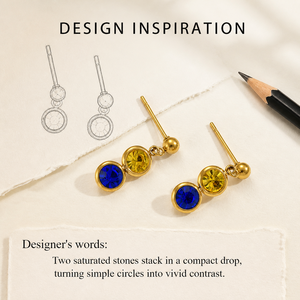 Boucles d'oreilles pendantes en zircon bleu et jaune, en acier inoxydable plaqué or 14 carats sous vide, bijoux minimalistes à deux pierres - Product Image 5