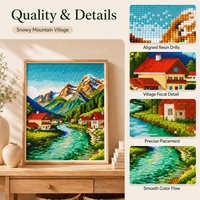 Kit de Peinture Diamant KS Craft : Paysage Hivernal de Village Montagneux Imprimé, Toile Carrée, Perles Écologiques, DIY, Ambiance Neige Confortable