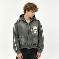 Sweat à capuche zippé gris délavé effet vieilli, style streetwear vintage, avec motif tête de mort, pour homme et unisexe, vente en gros