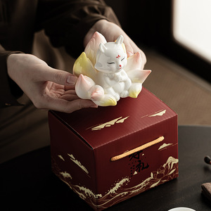 Figura Decorativa de Cerámica de Zorro de Nueve Colas, Color Rosa y Amarillo, en Caja de Regalo, Feng Shui, Decoración para Sala de Estar, Estilo Chino - Product Image 2