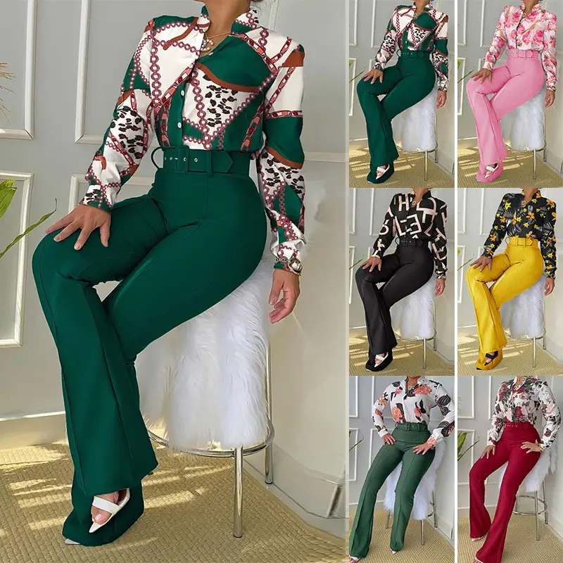 2022 New printed blouse shirt top and long wide leg formal business pant two piece suit sets for women fall clothes