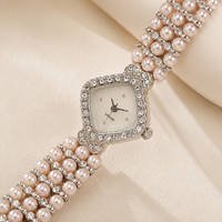 Montre-bracelet vintage rose avec perles et strass pour femme, montre à quartz, cadran carré, montre de mode pour femme