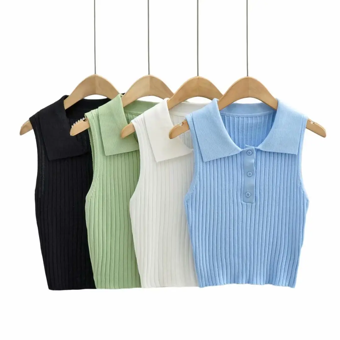 R40529S базовый дизайн, однотонные футболки-поло с воротником, трикотажные тонкие Топы для женщин, топы-майки для женщин